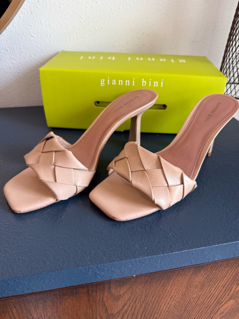Gianni Bini Beige Woven Square-Toe Slide Heels